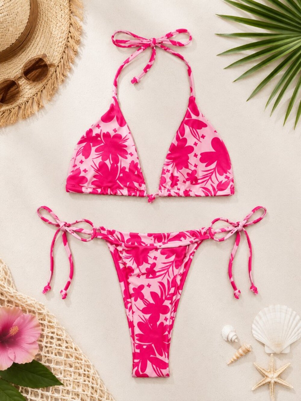 Pink Tropical Floral String Bikini Set Triangle Tie Side Swimsuit